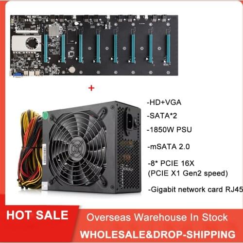 BTC-S37 Miner Mining Rig Motherboard Set 8 PCIE 16X Graphics Card SODIMM DDR3 SATA3.0 VGA + HDMI-Compatible + 1850W PSU For ETH