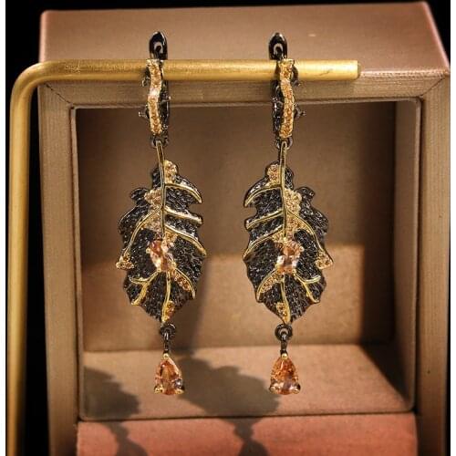 CIZEVA Bohemia Jewelry Retro Autumn Leaf 925 Sterling Silver Drop Earrings Womens Elegant Black Gold Filled Wedding Earrings