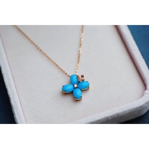 D317 Turquoise Pendant Solid 18K Gold Diamonds and Blue Turquoise Pendants Necklaces for Women Fine Presents