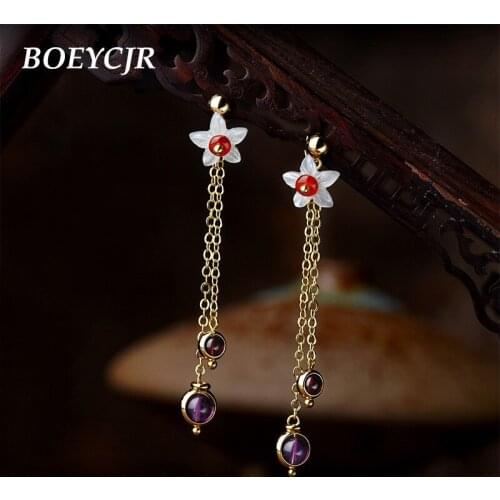 BOEYCJR Ethnic Vintage Shell Flower Purple Stone Bead Dangle Earrings Jewelry Drop Earrings For Women Gift