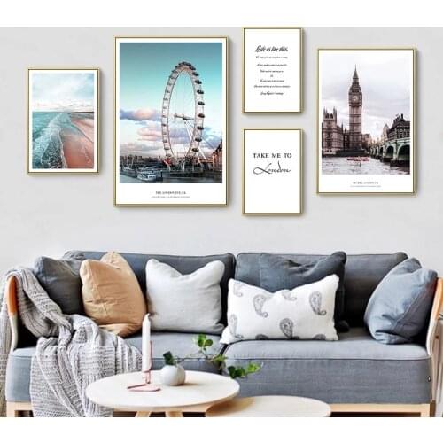 London Landscape Ferris Wheel Big Ben Phrase Canvas Painting Clock Tower Picture Poster Wall Living Room Bedroom Home Decoration