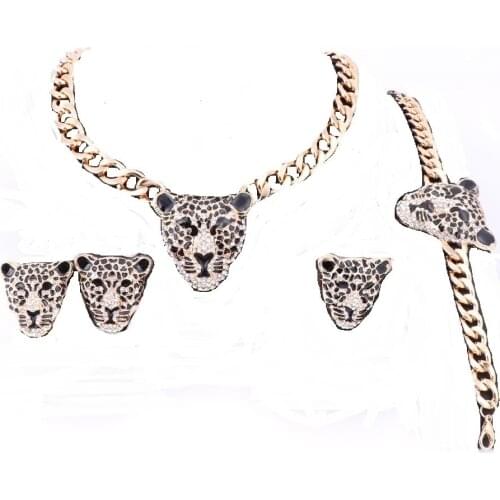 Dubai Gold Color Crystal Enameled Leopard Pendant Statement Necklace Brecelet Earrings Ring Costume Jewelry Set