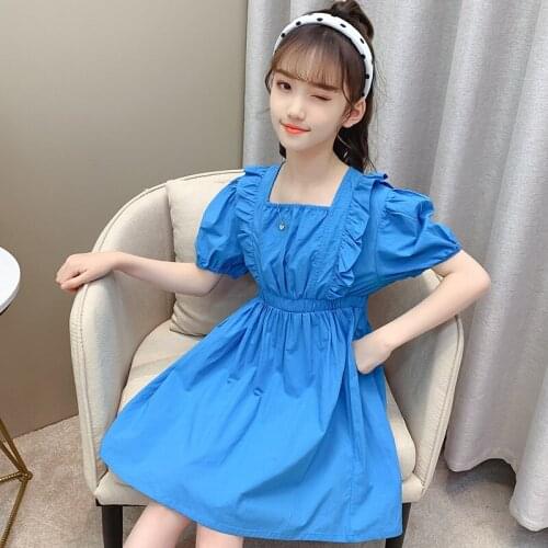 Summer Children Retro Dress 2021 New Short-sleeved Solid Color Princess Dress Kids Casual Fashion Dress 4-11Yrs