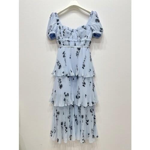 Summer 2021 New Designer floral print lace long sleeves elegant dress B471