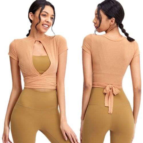 Summer Short Sleeve Yoga Shirts Fitness Gym T-Shirt Sports Female Sexy Hollow Out Bandage Quick Dry Running 2 Ways To Wear Top