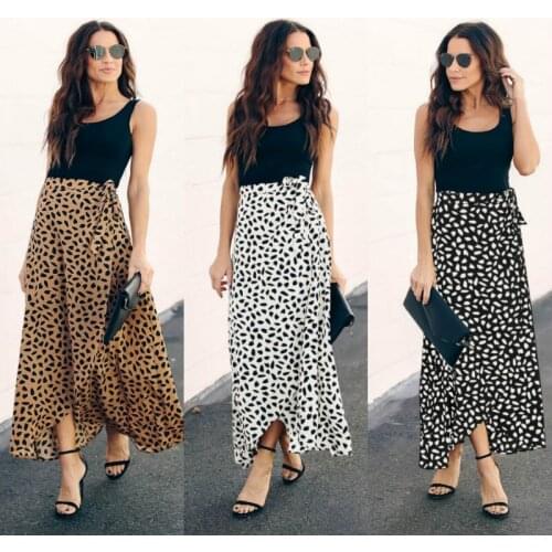 Summer new womens Asymmetrical print slit skirt loose style