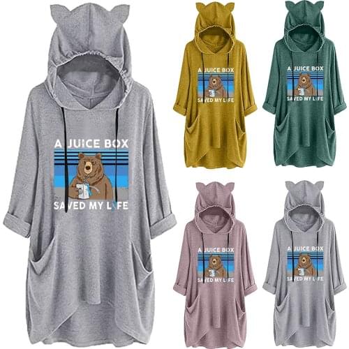 Kawaii Sweatshirts Fall Dresses Women A Juice Box Animal Print Dresses Long Sleeve Hoodie Dresses With Pocket Белое Платье