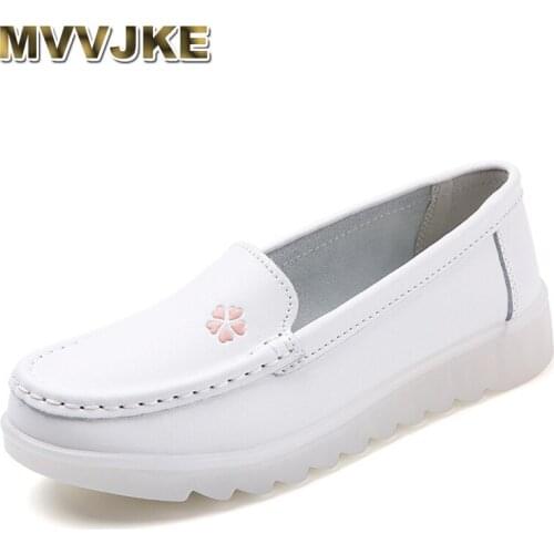 MVVJKECow Leather Shoes Woman Slip On Women Flats Moccasins Womens Loafers Spring Autumn Mother Shoe White Nursing Walking Shoe