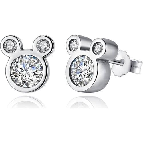 New Fashion Silver Color Earrings White CZ Zircon Children Kids Jewelry Cartoon Mouse Animal Stud Ear Nail