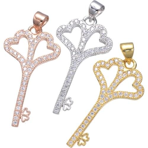 Supplies For Jewelry Wholesale Rose Gold Color Inlaid Zircon Rhinestone Key Charm Pendants Necklace Jewelry Making DIY Findings