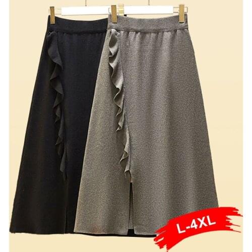 Size Ruffled Women Plus Knitted Flare 5XL High Waist A Line Skirts Autumn Thick Warm Sweater Midi Skirt Jupe Femme Faldas