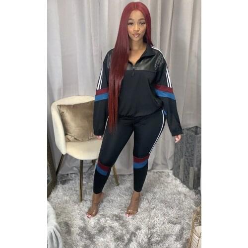 QY5015 Sports stitching stripe + Pu fabric long sleeve casual Street trendy coat and trousers set loose sweater 2 piece set