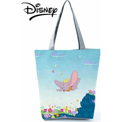 Disney Dumbo Printed Handbags Floral Cartoon Elephant High Capacity Tote Shoulder Bag Blue Shopping Bag Women Travel Beach Bag