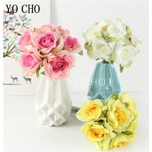 YO CHO Artificial Flower 6 Heads Silk Rose White Small Bouquet Fake Rose Girl Flower Arrangement DIY Wedding Home Party Decor
