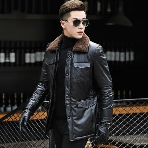 YOLANFAIRY Genuine Leather Jacket Winter Real Cow Leather Jacket Natural Lamb Fur Collar Warm Down Jackets L17-122 YY328