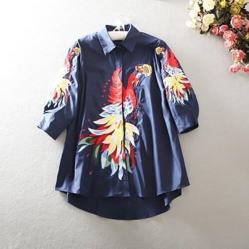 SuperAen Animal Embroidery Chinese Style Loose Slim Plus Size Medium and Long Shirt Blouse Women