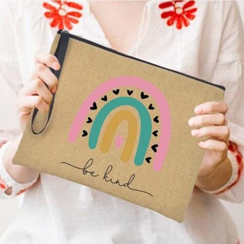 Be Kind Rainbow Print Wallet Women Retro Handbag Shopping Coin Phone Storage Bag Beach Tote Bags Travel Makeup Bag Cosmetic Case