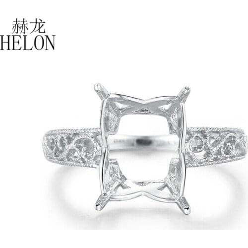 HELON Sterling Silver 925 Women Vintage Trendy Fine Jewelry Cushion & Emerald 10X8mm Semi Mount Wedding Engagement Ring