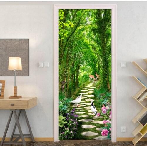 3D Green Forest Small Road Door Stickers Home Decor Living Room Bedroom Waterproof Self-adhesive Vinyl Door Wallpaper Sticker