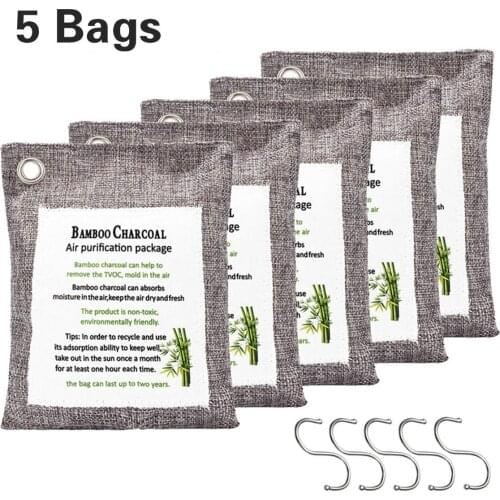 5 Packs Air Purifying Bags Activated Charcoal Filters Refrigerator Deodorant Charcoal Deodorizer Bags Odor Eliminator with Hook