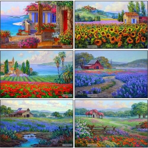 5D Diamond Mosaic Landscape Seaside Field & Flowers Dimensional Embroidery 3D DIY Diamond Painting Nature Scroll Painting