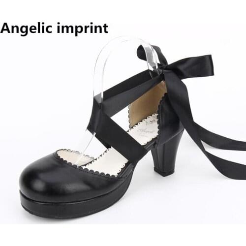 Angelic imprint handmade woman mori girl lolita cosplay shoes lady high heels pumps women princess dress party shoes riband 7cm