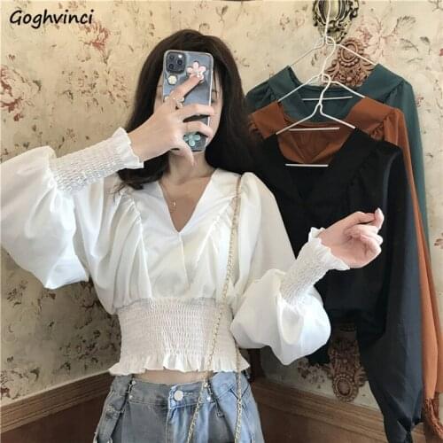 Women Blouses Spring Shirts Solid Pleated V-neck Slim Short Style Sexy Corset Tops Elegant Korean Ulzzang All-match Streetwear