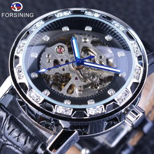 Forsining Diamond Display Casual Watch Fashion Open Work Watch Men Top Brand Mechanical Skeleton Clock Male Blue Luminous Hands