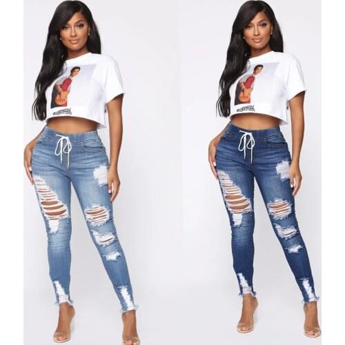 European and American Spring Elastic Waist High Waist Ripped Holes Slim Slim Feet Lace Trousers Women Jeans