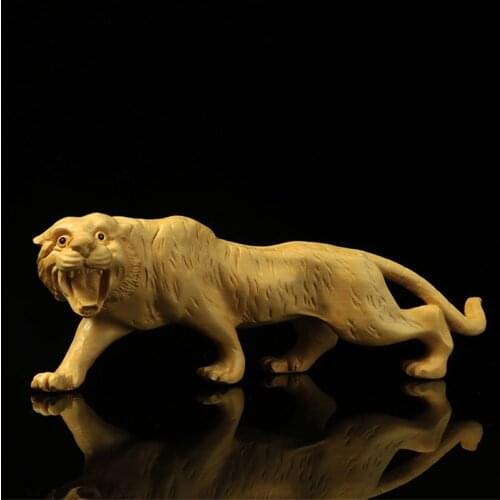 13/17.5CM Tiger Figurines Animal Boxwood Solid Wood Carving Animal Crafts Wood Carving Tiger Feng Shui Decoration Creative Gifts