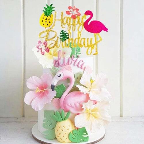 Flamingo Pineapple Happy Birthday Cake Topper Kids Baby Shower Birthday Wedding Cake Decoration Tropical Party Hawaiian Decor