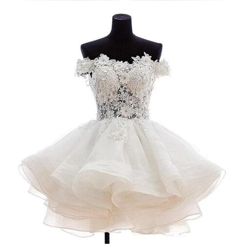 Short Boat Neck Tiered Homecoming Prom Dresses Mini White Illusion Wedding Party Gowns For Women With Flowers vestidos de fiesta