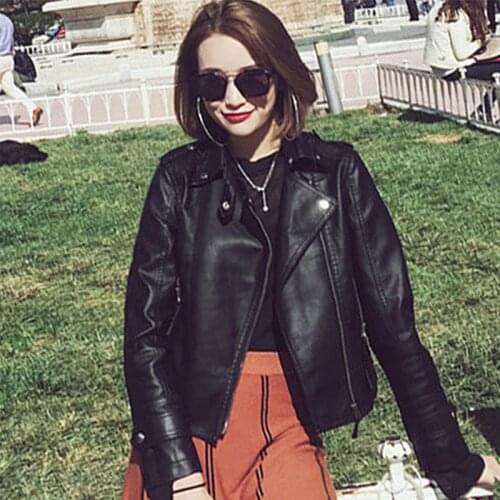 Korean Style Women Autumn Leather Jacket Turn-Down Collar Black Ladies Outwear Coat 2019 New Fashion
