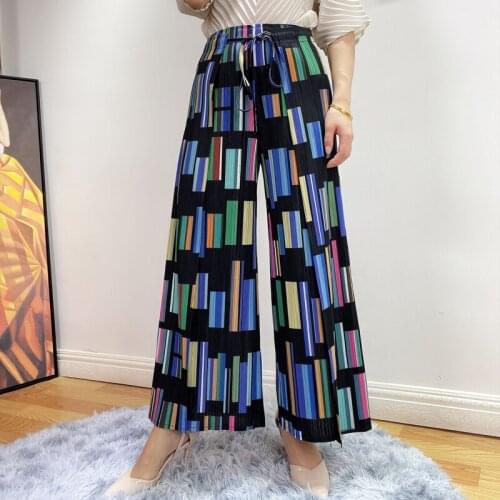 HOT SELLING fashion fold geometric print high waist straight wide leg pants IN STOCK
