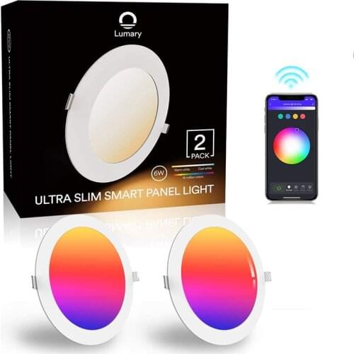 Lumary Wi-Fi Smart LED Recessed Ceiling Lights 6W Smart RGB LED Panel Downlight 2700-6500K for Bedroom Hall Wall Google Alexa