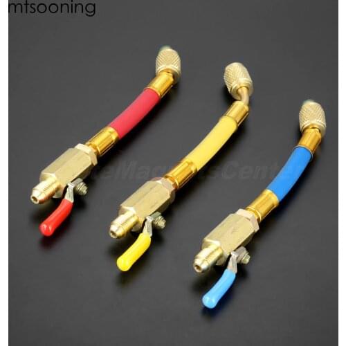 Mtsooning 3pcs 7" 1/4" SAE R134A Refrigerant HVAC AC Charging Hoses with Ball Valve 45 Degrees Angled Type Adapter