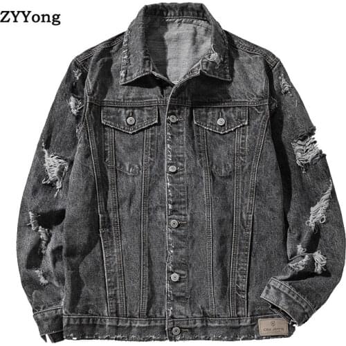 Autumn Gray Light Blue Hip Hop Bomber Pilot Tattered Ripped Denim Jacket Men Jean Coat Motorcycle Streetwear Clothing Overcoat