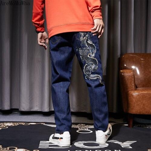 2021 New Chinese Style Dark Blue Embroidery Blue Dragon Jeans Mens Straight Loose Large Size Street School Style Men Jeans 7XL