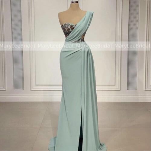 One Shoulder Mint Green Evening Dresses With Streamer Sparkly Sequins Applique Front Slit Formal Dress Draped robes de soirée