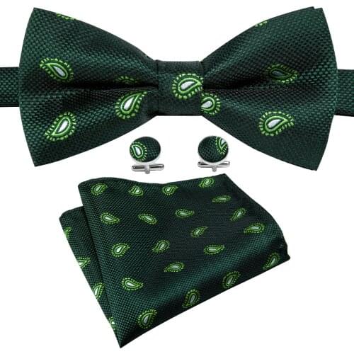 Green Bowtie for Men Paisley Butterfly Tie Designer Pre-tied Bow Ties Handkerchief Cufflinks Male Formal Bows LH-838 Barry.Wang