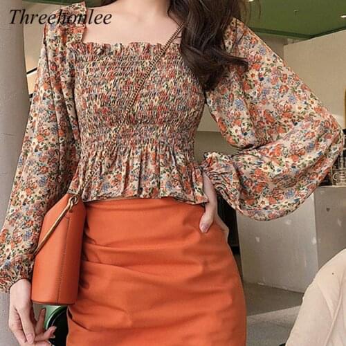 Vintage French Women Blouse 2021 Spring Autumn Puff Slevee Floral Long Sleeve Square Collar Korean Casual Female Top Shirt