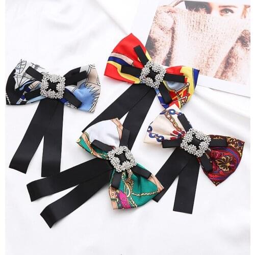Retro Printed Fabric Big Bow Necktie Brooches for Women Ribbon Rhinestone Crystal Lapel Pins Shirt Collar Jewelry Accessories