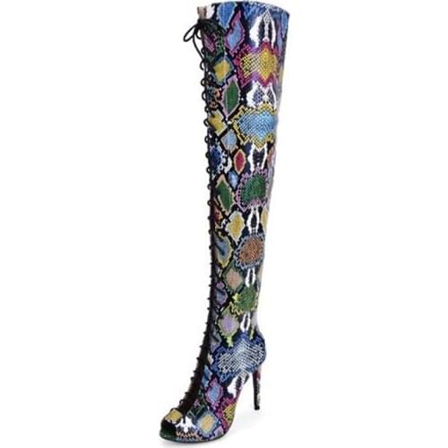 Real Photo Women Mixed Color Peep Toe Long Boots Fashion Crossed Strap Hollow Out Over The Knee Booties Plus Size Shoes