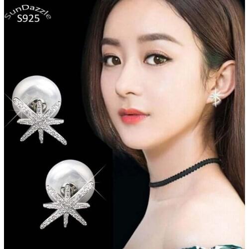 925 Sterling Silver Needle Stud Earrings for Women Jewelry Double Side Star Cubic Zircon Shell Pearl Female Earrings