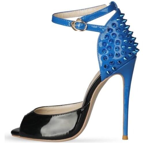 Moraima Snc 12CM Rivets Studded High Heel Shoes Sexy PeeP Toe Ankle Strap Women Pumps Mixed Colors Gladiator Sandals