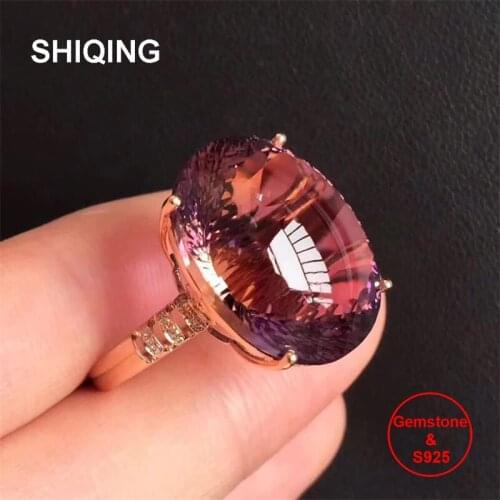 SHIQING Nature Ametrine 925 sterling silver brilliant oval purple ring for her