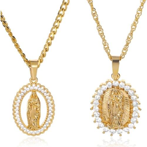 Holy Virgin Mary Pendant Necklace Religion Dainty Golden Christian Cubic Zircon Necklace Women Collier Femme Christian Jewelry