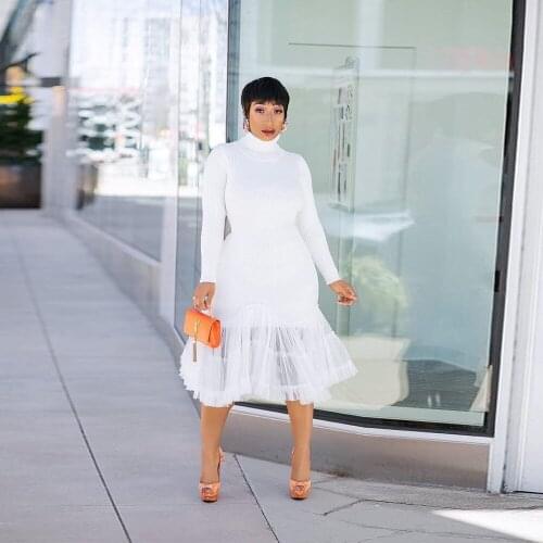 RMSFE 2021 Women Long Sleeve Round Neck Pure White Mid Long Skirt Fashion Sexy Mid Waist Pullover Dress