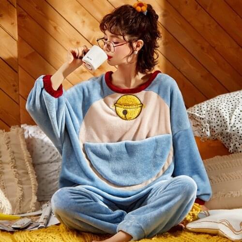 2020 Winter Women Pajamas Set Flannel Cartoon Cute Cat Pyjamas 2-piece Sleepwear Leisure Wear Anime Loose pijama mujer