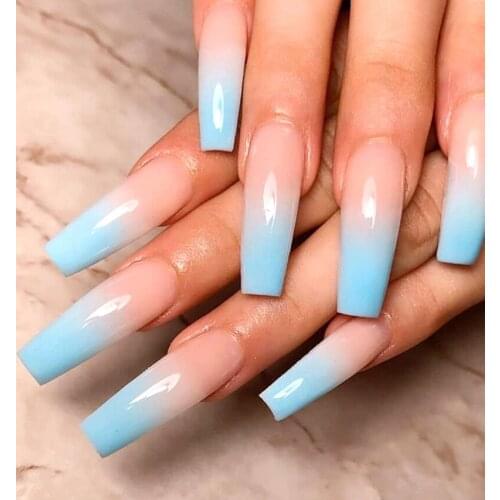 24pcs Long Ballerina Fake Nails Square Head Blue Gradient Nail Decal Art Artificial Coffin Shape Full Cover Press on Nails Tips